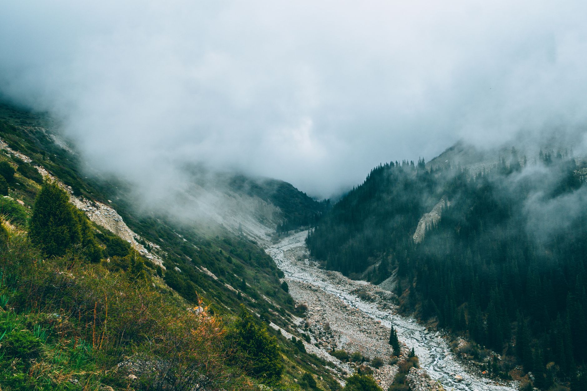 Foggy mountain landscape with a winding river and dense forest, exuding tranquility and adventure.
